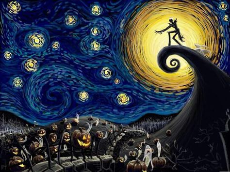 Starry night and Jack Skellington Christmas Starry Night, Tim Burton Art, Tim Burton Movie, Arte Van Gogh, Art Parody, Halloween Painting, Tableau Art, Arte Horror, Jack Skellington