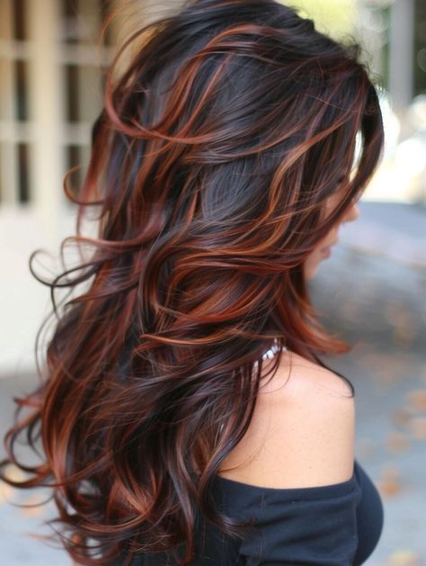 Dark Brown Bayalage With Red, Hair Color Ideas Fall/winter, Dark Hair With Cinnamon Highlights, Dark Copper Ombre Hair, Fall Hair Coloring For Brunettes, Brunette Hair With Ginger Highlights, Subtle Auburn Balayage, Dark Hair With Copper Balayage, Black And Copper Hair Highlights