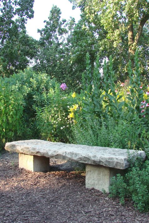 A stone bench for quiet contemplation in the #garden. 😍 Stone Garden Bench, Backyard Birds Sanctuary, Garden Seating Area, Stone Plant, Seating Ideas, Outdoor Stone, Stone Bench, Large Backyard, Landscaping Supplies