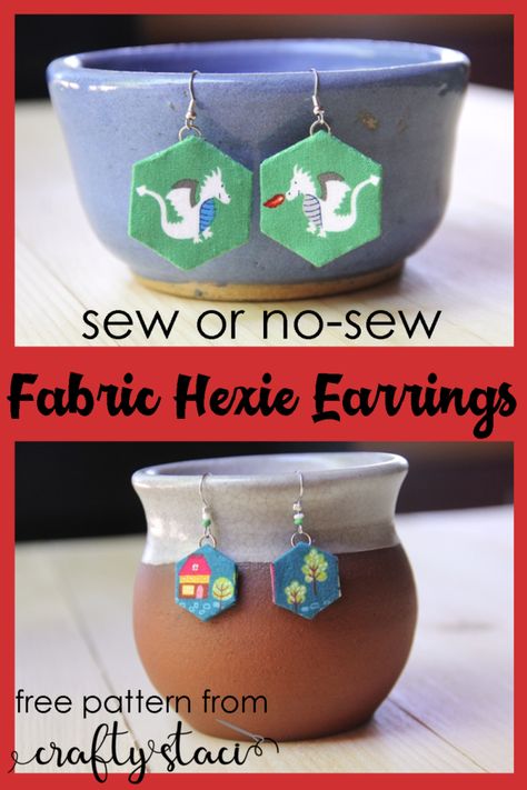 Fabric Hexie Earrings — Crafty Staci Fabric Earrings, Sewing Stitches, Leftover Fabric, Mother's Day Diy, Sewing Lessons, Glue Crafts, Sewing Projects For Beginners, Easy Sewing Projects, Sewing For Beginners