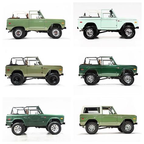 Vintage Broncos on Instagram: "💚Which Green Bronco belongs in your garage❓#greenday ↗️ Light Jade ↖️ Boxwood Green uncut ➡️ Dark Moss ⬅️ Sherwood Green ↘️ Boxwood Green hard top ↙️ Augusta Green . . . . . . . . . 📥 DM or call/txt ☎️470-729-2853 for details on a brand new custom Bronco + warranty👌🏼Vintage look, modern luxury #earlybronco #classicbronco #fordbronco #bronco #amazing #classiccars #car #beverlyhills #luxury #inspiration #forsale #malibu #cars #nashville #california #atlanta #moti Green Bronco, Vintage Broncos, Vintage Bronco, Bronco Truck, Classic Bronco, Early Bronco, Custom Truck, Dream Cars Jeep, Bronco Sports