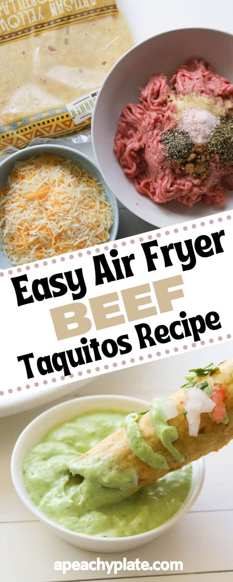 Healthy Deep Fryer Recipes, Ground Meat Air Fryer Recipes, Air Fryer Recipes With Tortillas, Beef Taquitos Recipe Air Fryer, Easy Ground Beef Taquitos, Air Fryer Tacos Flour Tortillas, Air Fryer Taquitos Beef, Ground Beef Taquitos Air Fryer, Air Fryer Tacos Corn Tortillas