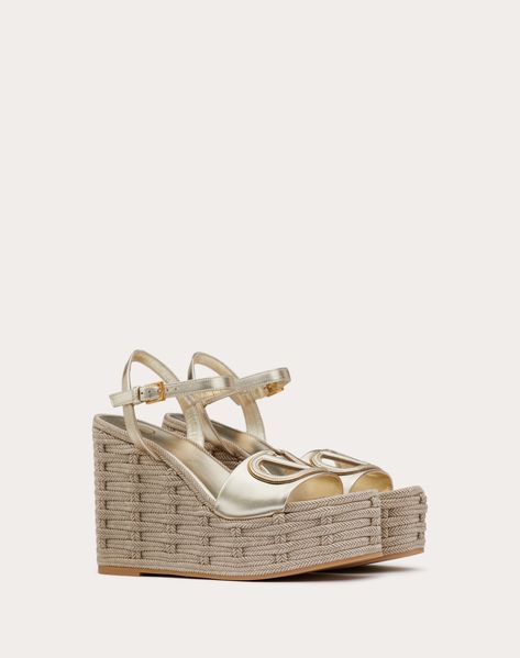 Vlogo Cut-out Wedge Sandal In Laminated Nappa Leather 110mm for Woman in Platinum/antique Brass/opal Grey Valentino Wedges, Rope Sandals, Latest Sandal, Flatform Sandals, Black Wedge Sandals, Leather Wedge Sandals, Blue Sandals, Leather Wedges, Wedge Sandal