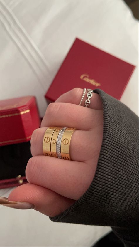 Cartier Love Ring Aesthetic, Cartier Ring Aesthetic, Cartier Love Ring Stack, Cartier Ring Stack, Love Ring Cartier, Cartier Aesthetic, Rings Cartier, Cartier Love Ring, Expensive Jewelry Luxury