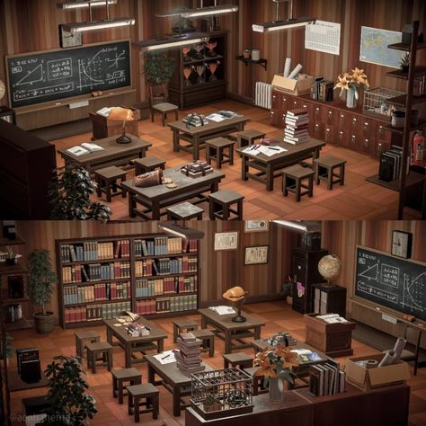 Acnh Paradise Planning School, Paradise Planning School Acnh, Animal Crossing School Design, Acnh Hhp School Ideas, School Acnh Happy Home Paradise, Animal Crossing Happy Home Paradise School, Animal Crossing School Ideas Happy Home, Acnh Study Room Ideas, Acnh Happy Home Paradise School