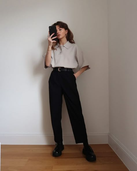 Classy Skater Outfit, Black Slacks Sneakers Outfit, Queer Fem Outfits, Dark Office Outfits Women, Business Casual Dark Academia, Masc Semi Formal Wear, Dissertation Defense Outfit, Retro Work Outfit, Tom Boy Femme Professional