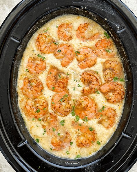 Slow Cooker Shrimp and Grits Shrimp And Sausage Grits Recipes, Pescatarian Crock Pot Recipes, Crockpot Cheese Grits Slow Cooker, Make Ahead Shrimp And Grits, Brunch Shrimp And Grits, Crockpot Recipes Southern, Grits Meal Prep, Seafood And Grits, Crockpot Recipes Seafood