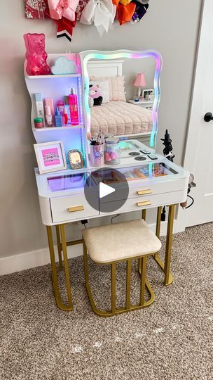 25K views · 3.6K reactions | 💄✨🪞How cute is this vanity from Amazon??? My daughter wanted a vanity for her birthday and this one couldn’t be more perfect!  It was so easy to put together, has the prettiest lights, and was perfect for organizing all the makeup and skincare!   🛒Comment SHOP below to receive a DM with the link to shop this post on my LTK ⬇ https://liketk.it/4NXDq  #vanity #organized #makeuporganization #homeorganization #girlsroom  #ltkvideo #ltkhome | Amy Draper Darley | amy.darley · Original audio Kid Vanity Ideas Girl Rooms, Girls Vanity Ideas Kids Bedroom, Vanity Girls Room, Kids Vanity Diy Girls Bedroom, Vanity Table Girls, Girls Makeup Vanity, Kids Makeup Vanity Target, Makeup Kit For Kids32 3od$w, Girls Vanity