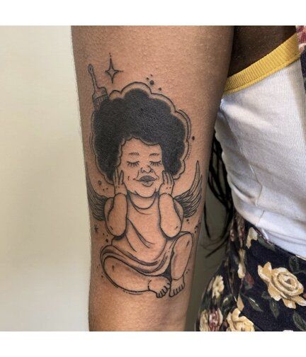 Afro Angel Tattoo, Black Cherub Tattoo, Afro Angel, Black Cherub, Cherub Tattoo, Tattoo Illustration, Angel Tattoo, Portrait Tattoo, Piercings