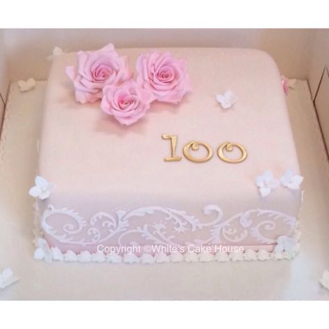 Beautiful 100th birthday cake 100th Birthday Cake Woman, 100th Birthday Cake Ideas, 100 Years Birthday Cake, Square Birthday Cake Ideas For Women, Square Birthday Cakes For Women, Square Cake Designs Birthday Women, Grandmother Birthday Cake, Birthday Cake Square, 100th Birthday Cake