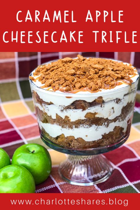 Fall dessert perfection! Layers of spice cake, cinnamon apples, fluffy cream cheese and caramel sauce topped with crunchy Biscoff cookies. Great dessert for a crowd! Apple Cheesecake Trifle, Cream Cheese And Caramel, Caramel Apple Trifle, Trifle Bowl Recipes, Moist Spice Cake, Cake Brown, Trifle Dessert Recipes, Cake Cinnamon, Cheesecake Trifle