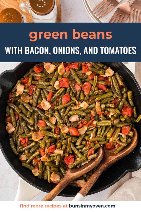 I’ve been making these Green Beans with Bacon, Onions, and Tomatoes for as long as I can remember. They’re a staple at every holiday dinner, but easy enough to make any night of the week. Big flavor, easy prep, and so dang good! Canned Green Beans With Bacon, Canned Green Beans, Sweet Potato Recipes Roasted, Beans With Bacon, Onions And Tomatoes, Man Recipes, Green Beans With Bacon, Green Beans And Tomatoes, Family Dinner Recipes