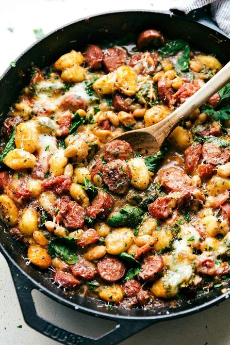 One Skillet Sausage & White Bean Gnocchi | Chelsea's Messy Apron White Bean Gnocchi, Bean Gnocchi, Things To Make For Dinner, Sausage White Bean, Easy Skillet Dinner, Skillet Dinner Recipes, Resep Pasta, Easy Weekday Meals, Dinner For One