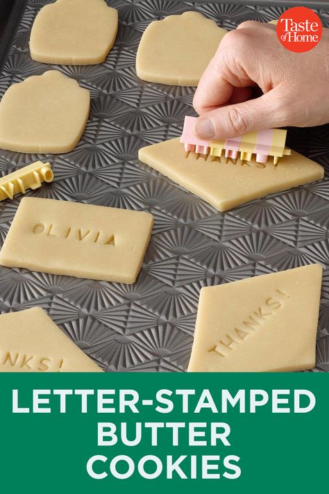 Letter-Stamped Butter Cookies Cookie Letter Stamp, Custom Cookie Stamp, Decorating Stamped Cookies, Stamped Biscuits, Butter Cookies Packaging, Stamped Fondant Cookies, Stamp Cookies, Biscuits Packaging, Butter Sugar Cookies