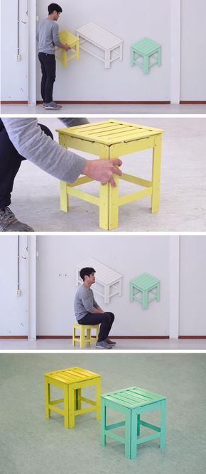 Collapsible Furniture That Transforms From Two to Three Dimensions Designed by Jongha Choi Collapsible Products, Foldaway Furniture, Creative Furniture Design, Collapsible Furniture, Green Stool, Flat Furniture, Tiny House Furniture, Diy Kids Furniture, Foldable Furniture