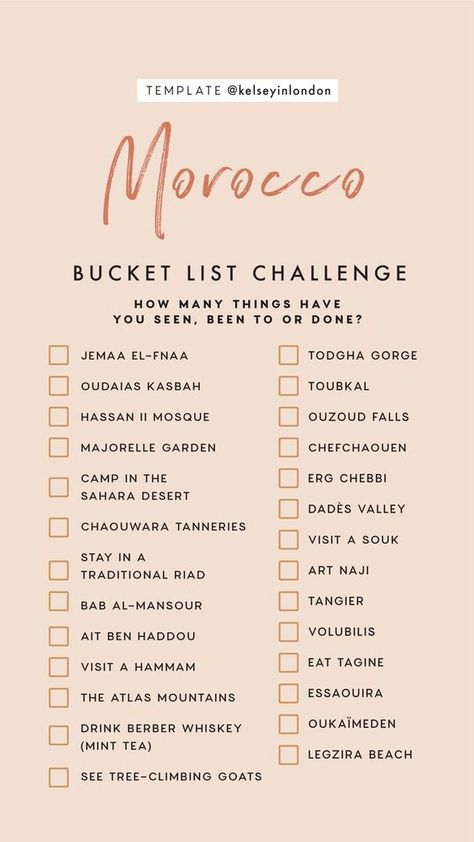 Morocco Bucket List Challenge Template Kelseyinlondon, Aesthetic Sunflower, List Challenges, Travel Destinations Bucket Lists, Morocco Travel, Story Templates, Travel Checklist, Bucket List Destinations, Future Travel