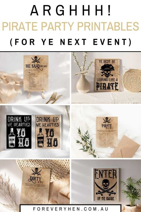 Collage of pirate themed party printable games and signs. Text overlay: Arghhh! Pirate Party Printables (For Ye Next Event!) Pirate Bridal Shower Ideas, Pirate Theme Bachelorette Party, Pirate Bachelorette Party, Pirate Bachelorette, Pirate Party Printables, Pirate Drinks, Mermaid Bachelorette Party, Mermaid Bachelorette, Pirate Wedding