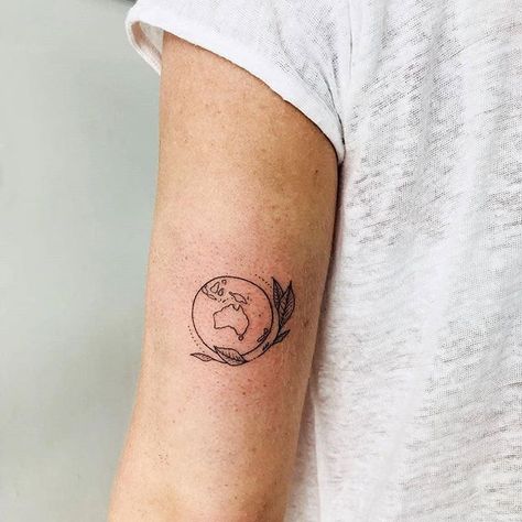 Hand-poked, minimalist style world tattoo on the left arm Floral Watercolor Tattoo, Small Watercolor Tattoo, Tricep Tattoos, Globe Tattoos, Melbourne Tattoo, African Tattoo, Vegan Tattoo, Hamsa Tattoo, Special Tattoos