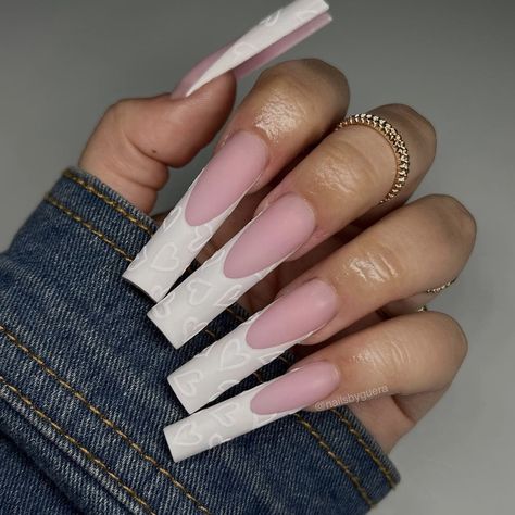 Textured French Tip Nails, Heart Nails, White Heart, Valentine's Day Nails, French Tip Nails, Valentines Nails, Pretty Acrylic Nails, White Nails, French Nails