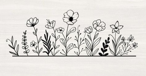 Row Of Flowers Drawing, Horizontal Doodles, Flower Doodles Simple, Flowers Drawn, Wildflower Drawing, Doodle Art Flowers, Idee Cricut, Flower Line Drawings, Pola Sulam