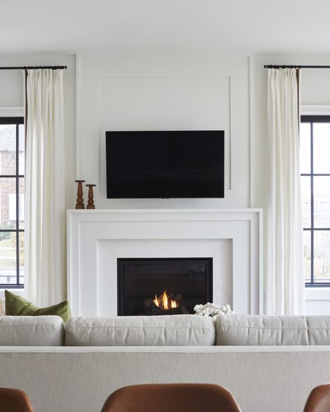 LIVABLE MODERN – Design Theory Fireplaces With Wood Surround, Mantel Molding Ideas, Fireplace Makeover Organic Modern, Transitional Fireplace Surround Ideas, Couch Off Wall Living Rooms, Fireplace With Tv Next To It, Fireplace On Sloped Ceiling, Bold Neutral Living Room, Pop Of Color Fireplace