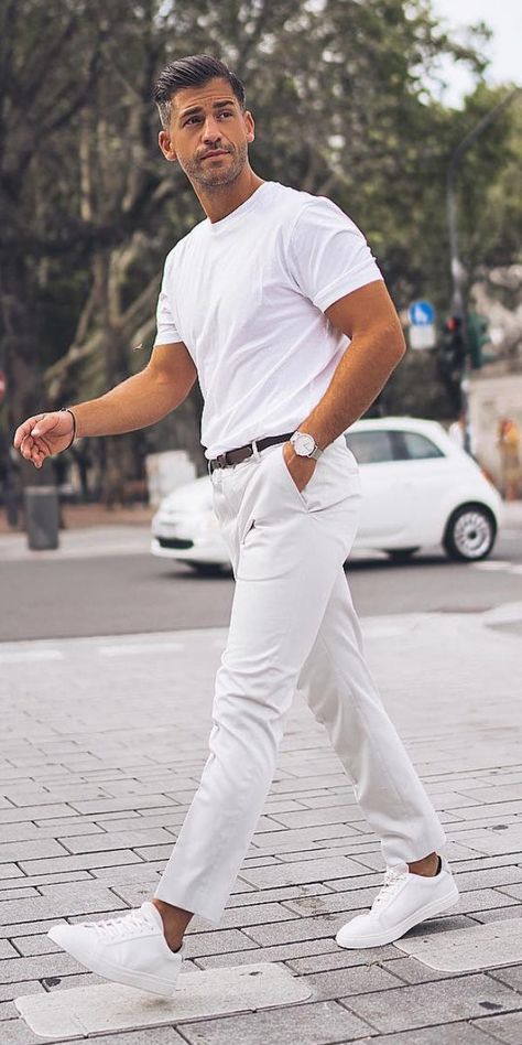 5 Coolest Street Ready Outfits For Men – LIFESTYLE BY PS Casual White Jeans Outfit Summer, All White Mens Outfit, Birthday Attire, Chinos Men Outfit, White Tshirt Outfit, All White Party Outfits, White Outfit For Men, White Pants Men, White Shoes Outfit