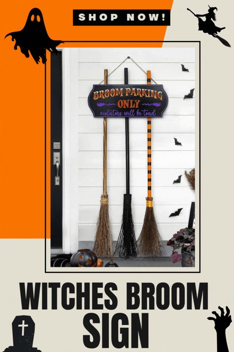 Give your Halloween decor a fun twist with this broom parking sign and 3 wooden witches brooms! Perfect for front porch or wall decor, this Hocus Pocus-inspired piece is ideal for adding a magical touch to any space. Bring the spirit of Halloween into your home! Check out more decor ideas at kpaquette.com.

#HalloweenMagic #WitchDecor #PorchVibes #HocusPocusDecor #WoodenBrooms #SpookyPorch #FallSeason #HomeDecorIdeas #HalloweenSign #FrontPorchDecor Front Porch Wall Decor, Broom Parking Sign, Stylish Halloween Decor, Witches Brooms, Broom Parking, Wall Decor Home Office, Porch Wall Decor, Haunted House Party, Pumpkin Display