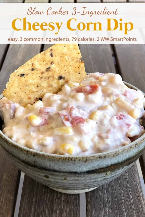 Light and flavorful without being overly cheesy, this easy 3-Ingredient Crock Pot Corn Dip is a winner! #3ingredientcorndip #crockpotcorndip #cheesycorndip #corndip #crockpot #slowcooker Crock Pot Corn Dip, Ww Appetizers, Cheesy Corn Dip, Small Crock Pot, Crock Pot Corn, Corn Dip Recipes, Crock Pot Dips, Corn Dip, Dip Recipes Easy