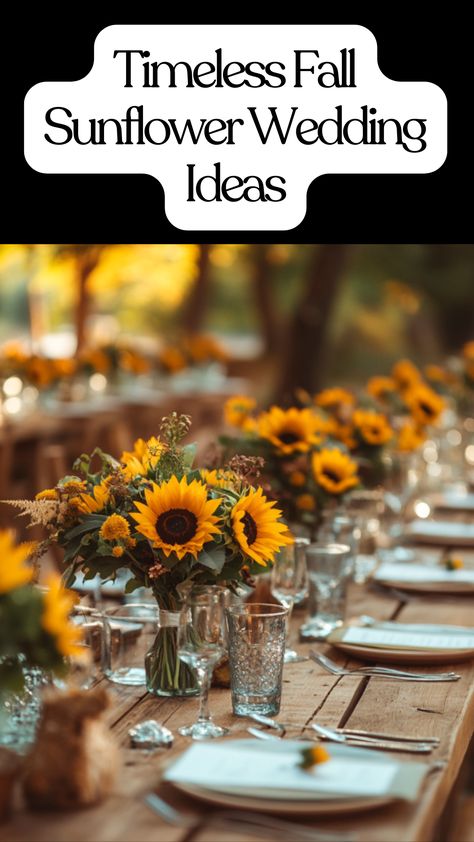 A rustic fall wedding featuring vibrant sunflower bouquets and enchanting table settings, perfect for creating a warm autumn atmosphere. Sunflowers Fall Wedding, Sunflower And Eucalyptus Centerpiece, Sunflower Fall Bouquet, Fall Sunflower Wedding Theme, Fall Wedding Vibes, Rustic Sunflower Wedding Ideas, Fall Wedding Ideas On A Budget, Fall Wedding Sunflowers, Country Wedding Table Decorations