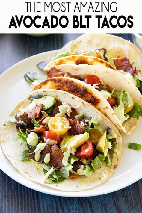 Blt Tacos, Recipe Dinner Healthy, Dinner Healthy Recipes, Bacon Taco, The Salty Marshmallow, Bacon Lettuce Tomato, Tomato Avocado, Creamy Dressing, Summer Cooking