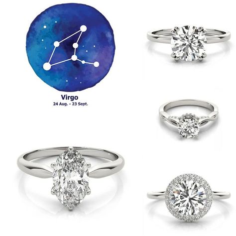 A watercolor Virgo constellation accompanied by several silver and white gold diamond engagement rings. Featuring solitaire settings, pave diamonds, and intricate woven style bands, these wedding rings and engagement rings glitter gorgeously. Clean Origin, Best Engagement Rings, Wedding Ring, Engagement Ring, Wedding Rings, Engagement Rings, Good Things, Ring