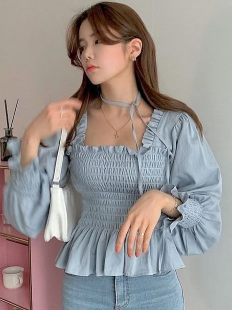 blue puff sleeve top for women trendy tops for women outfit aesthetic outfit inspo for women korean aesthetic Puff Sleeve Top Outfit Korean, Trendy Fashion Tops Long, Puff Sleeve Top Outfit, Puff Sleeves Tops, Crochet A Sweater, Puff Sleeves Top, Modest Girly Outfits, Women Chiffon Blouse, Stylish Tops For Women