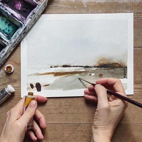 Painting With Watercolors, Tiny Watercolor, Tiny Landscape, Bathroom Cupboard, Small Watercolor, Distant Memory, Abstract Watercolor Landscape, 2 Hands, Painting Courses