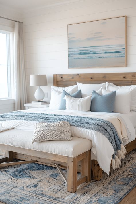 Bedroom Inspirations Coastal Modern, Master Bedrooms Beach Style, Budget Coastal Decor, Coastal Farmhouse Guest Bedroom, Beach Themed Bedrooms Master, Guest Bedroom Ideas Beach Theme, Grey And Blue Coastal Bedroom, Seaside Apartment Decor, Tan And Teal Bedroom