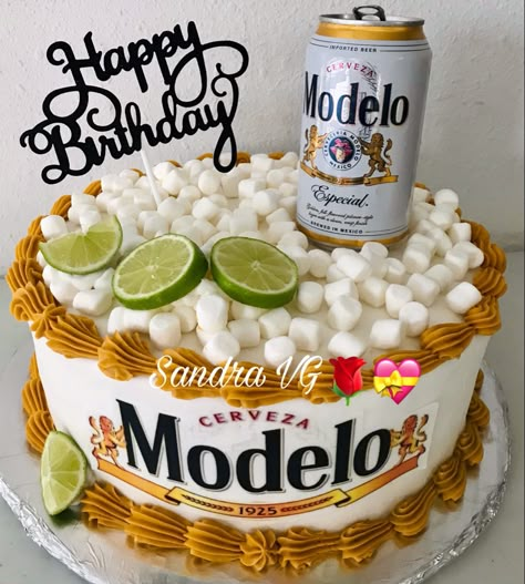 Cakes With Beer Decoration, Pacifico Beer Cake Ideas, Modelo Beer Cake Ideas, Modelo Cake Ideas, Happy Birthday Cake Men, Modelo Birthday Cake, Tequila Cake Ideas, Modelo Themed Birthday Party, Modelo Party Theme