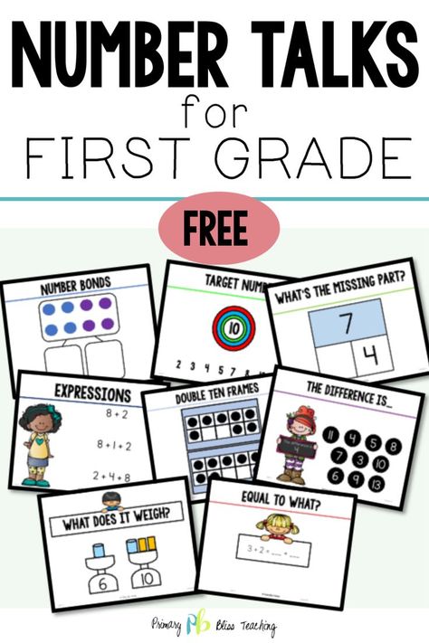 First graders love these number talks. These FREE Number Talks will get your kiddos talking math in to time. First Grade Curriculum, First Grade Lessons, Number Talks, Math Fact Fluency, Eureka Math, Math Talk, Math Number Sense, Math Intervention, First Grade Activities