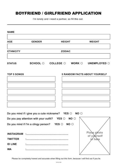 Best Friend Application, Girlfriend Application, Boyfriend Application, Relationship Contract, Friend Application, Top 5 Songs, Character Sheet Template, Dating Application, Cute Nicknames