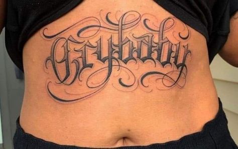 Belly Writing Tattoo, Name On Stomach Tattoo, Script Stomach Tattoo, Old English Stomach Tattoo, Stomach Tattoos Lettering, Stomach Lettering Tattoo Women, Stomach Tattoos Women Words, Tattoo Belly, Tattoo Writing Styles