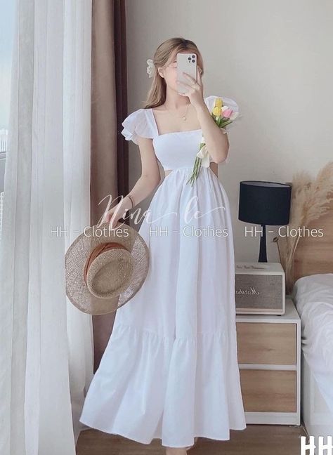 ဂါ၀န် Design, Summer Dress Outfits Aesthetic, Long Summer Dress Outfits, Dress Outfits Aesthetic, Long Dress Korean, Most Pinned, Aesthetic Tips, Long Summer Dress, Ivory Blouse