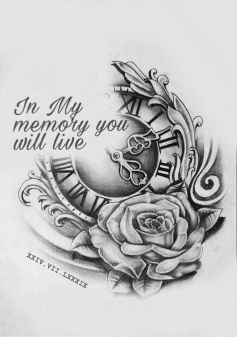 225+ Clock Tattoos Ideas and Designs (2023) - TattoosBoyGirl Mom In Memory Tattoo Ideas, Rest In Peace Brother Tattoos, Memorial Tattoo Ideas Mom, In Loving Memory Clock Tattoos, In Living Memory Tattoos, Live Life Tattoo Ideas, Dad Memory Tattoos, Dad Tattoos In Memory Of, Unique Memorial Tattoos Grandmother