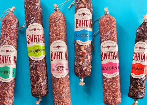 VINTAGE handmade sausages on Behance Sausages Packaging, New Graphic Design, Smoked Sausages, Gourmet Sausage, Frozen Food Packaging, Meat Packing, Business Cards Layout, Smoked Sausage, Sausages