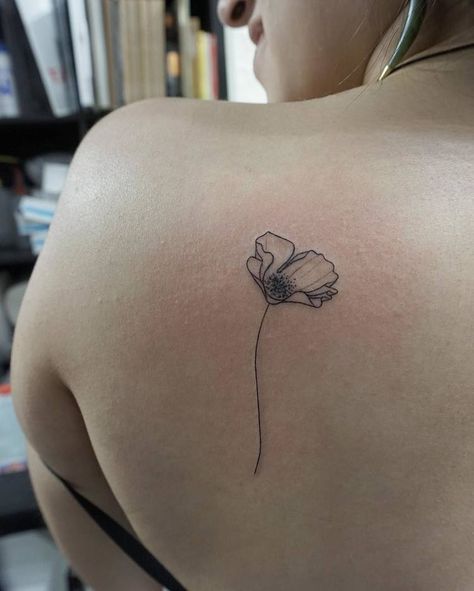 Shaded Poppy Tattoo, Simple Poppy Tattoo Design, Poppy Tattoo With Name In Stem, Minimalistic Poppy Tattoo, Wrist Poppy Tattoo, Poppy Tattoo Shoulder, Dainty Poppy Tattoo, Fine Line Poppy Tattoo, Simple Poppy Tattoo