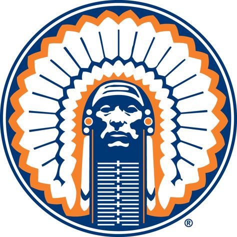 Illinois Fighting Illini Primary Logo (1989) - Indian's head with fullhead dress on a blue cirlce Illini Basketball, Game Day Basketball, Urbana Champaign, Sports Team Logos, Virtual Museum, Red Raiders, College University, Football Mom, Sports Logo