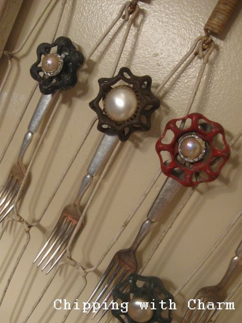 I made these flowers from forks, faucet knobs and "fancy" bobbles a fe… :: Hometalk Metal Plant Hangers, Silverware Crafts, Stepping Stones Diy, Vintage Earring, Farmhouse Vintage, Junk Art, Recycled Items, Faucet Handles, Never Fade