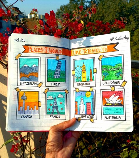 Journal Places To Travel, Places I Want To Visit Journal, Travel Art Journal, Creating A Bullet Journal, Bullet Journal Cover Ideas, Travel Sketchbook, Bullet Journal Mood Tracker Ideas, Bullet Journal Paper, Posca Marker