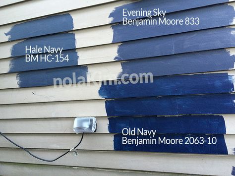 Our dark paint swatches from Benjamin Moore: Hale Navy HC-154, Evening Sky 833, Old Navy 2063-10 | nolakim.com Benjamin Moore Hale Navy, Best Exterior House Paint, Benjamin Moore Exterior, Exterior Paint Schemes, Best Exterior Paint, House Paint Color Combination, Hale Navy, Dark Paint, Pintura Exterior