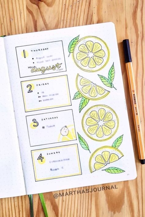 How cute is this lemon themed weekly spread for August!? Bujo Weekly Spread Ideas, August Bujo, Weekly Spread Ideas, Bujo Weekly Spread, Bullet Journal 2020, Diy Agenda, Bullet Journal Banner, Bullet Planner, Bullet Journal Aesthetic