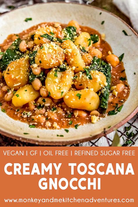 Ultra-comforting and flavorful, this Creamy Toscana Gnocchi is high-fiving good! Ready in 30 minutes, this tasty dish is perfect for weeknight meals. #vegan #oilfree #glutenfree #plantbased | monkeyandmekitchenadventures.com Creamy Gnocchi, Gluten Free Gnocchi, Meals Vegan, Pasta Casera, Vegan Parmesan, Calamari, Italian Dishes, Tortellini, Vegan Dinners