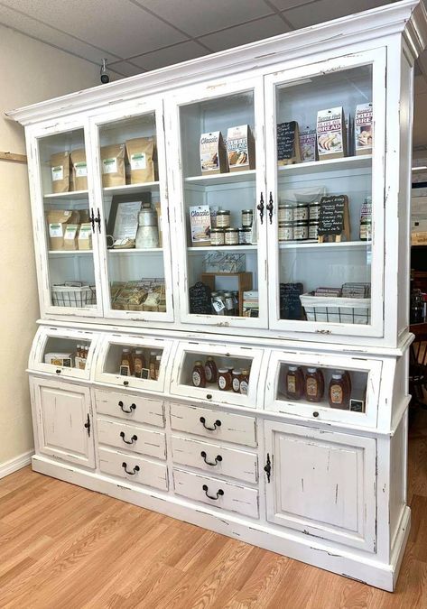 Buffet Kitchen Decor, White Wash China Cabinet, Diy Farmhouse China Cabinet, Farmhouse China Cabinets, China Storage Ideas, Closet Boxes, White China Cabinets, Farmhouse China Cabinet, White Hutch