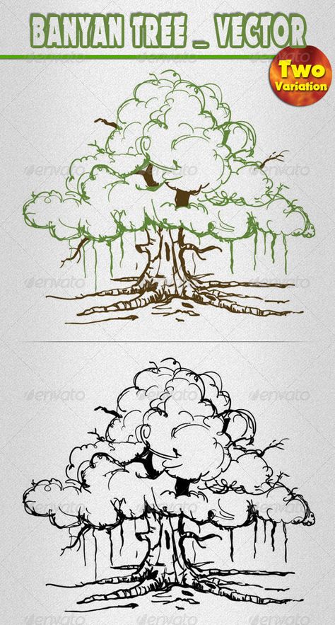 Banyan Tree - Flowers & Plants Nature Trees And Plants Drawing, Jungle Trees Drawing, Banyan Tree Sketch, Graphic Tree Illustration, Jungle Tree Drawing, Clean Environment Drawing, Jungle Drawing Sketches, Atla Embroidery, Banyan Tree Illustration